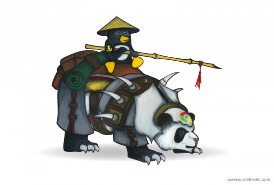 Penguin riding a panda into war